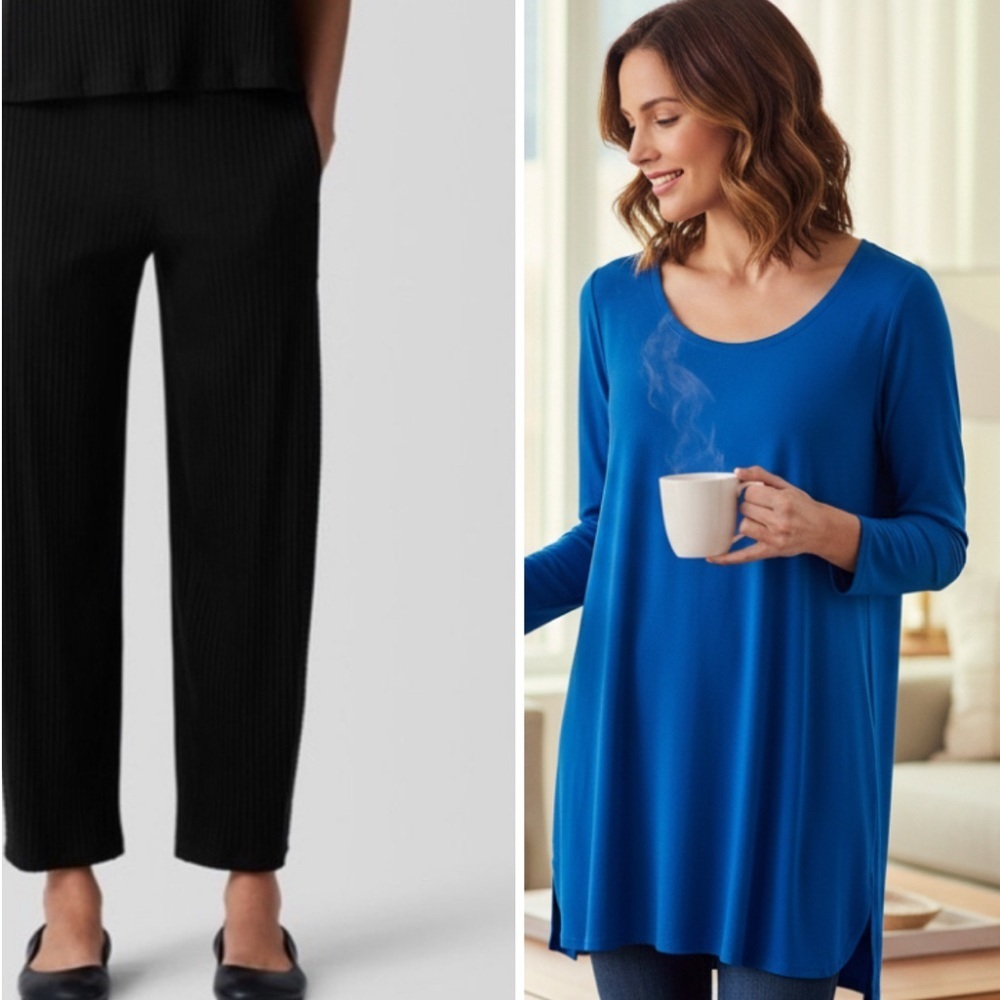 Lot of 2 Eileen Fisher Blue Long Tunic Black Pull On‎ Ribbed Stretch Pants Med